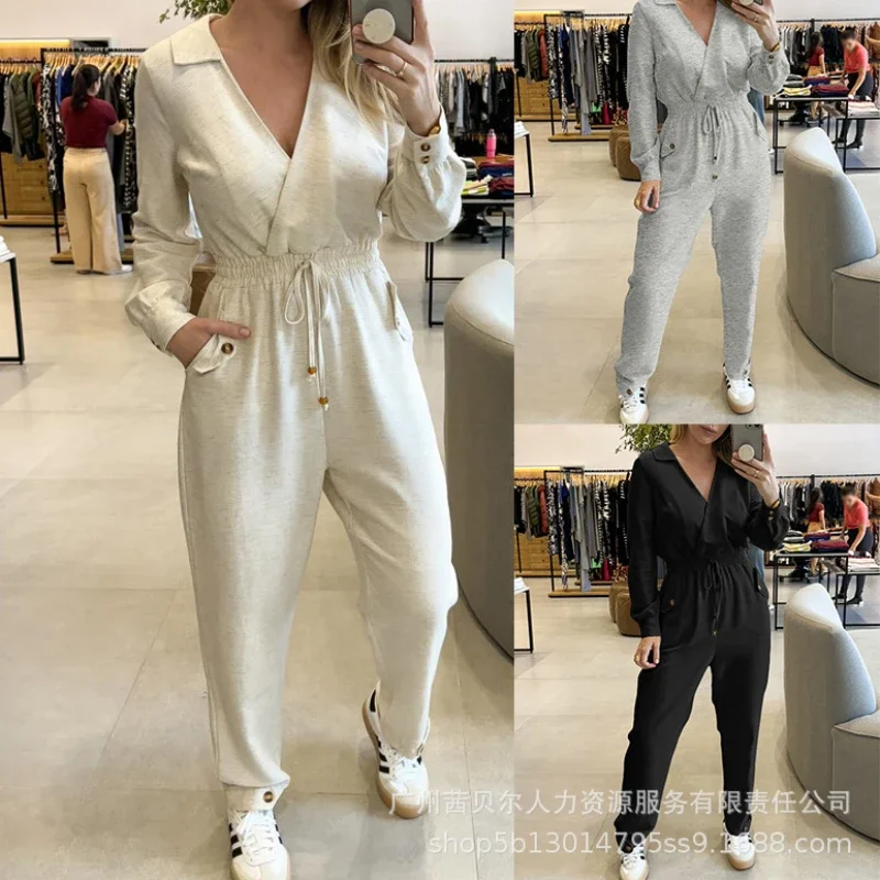 V-neck Drawstring Waist Jumpsuits Women One Piece High Waist Overalls Long Pants Work Elegant Splice Rompers Spring Autumn