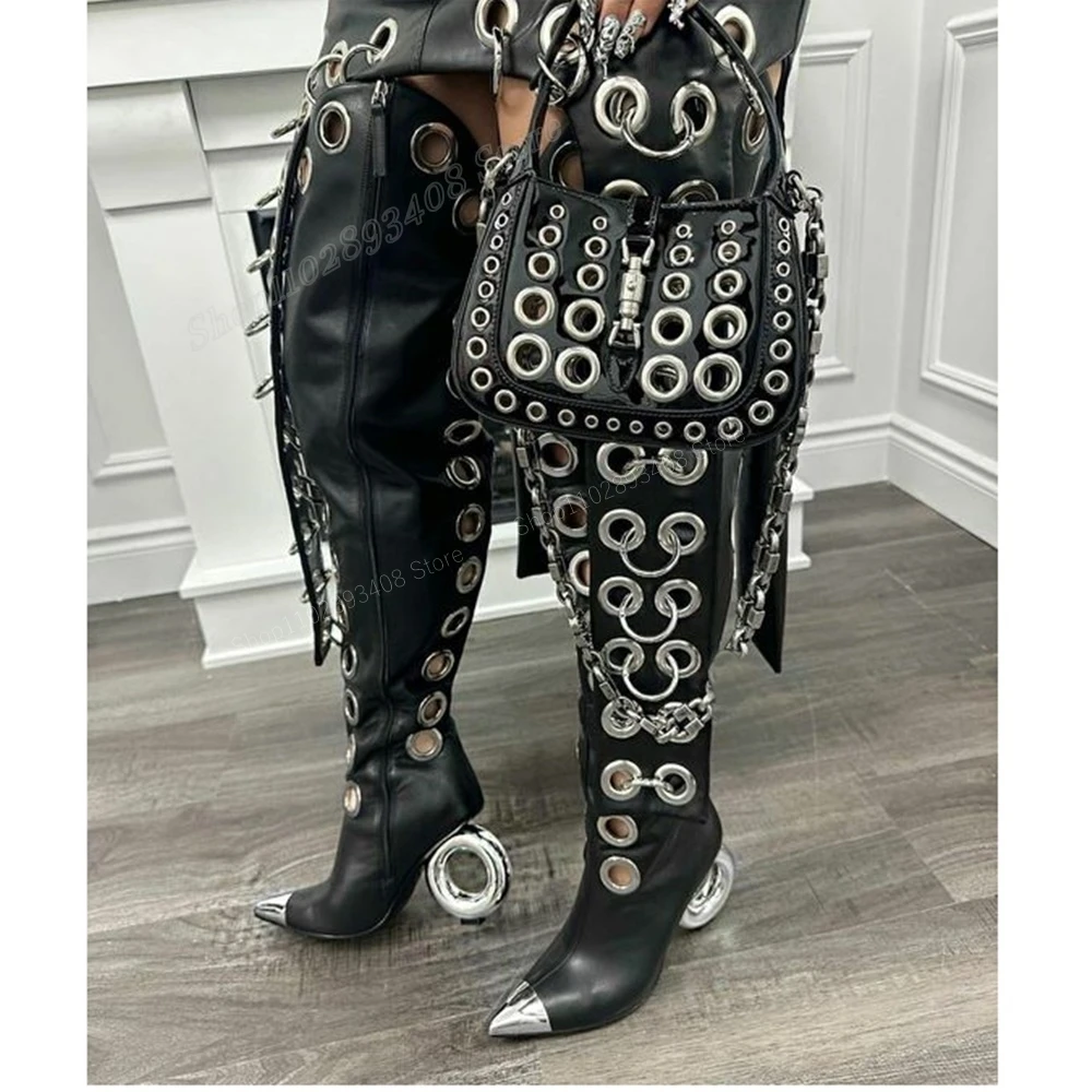 Black Metal Round Rings Design Over the Knee Boots Strange Style Heel Pointed Toe New Women Shoes 2024 Sexy Zapatos Para Mujere