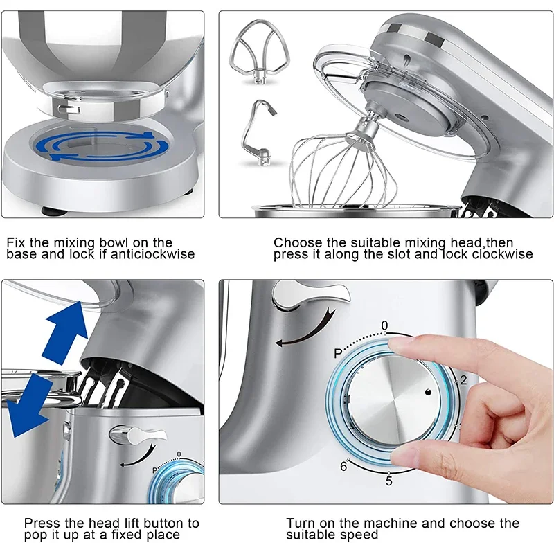 Kitchen, electric dough mixer with stainless steel mixing bowl for bread and cake making