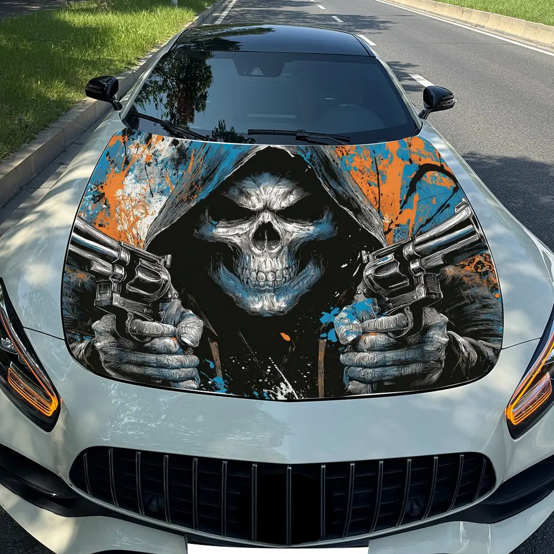 Pegatina de PVC duradera, impermeable y resistente a los rayos UV para capó de coche con calavera de pistola para camiones, SUV y barcos con fácil instalación