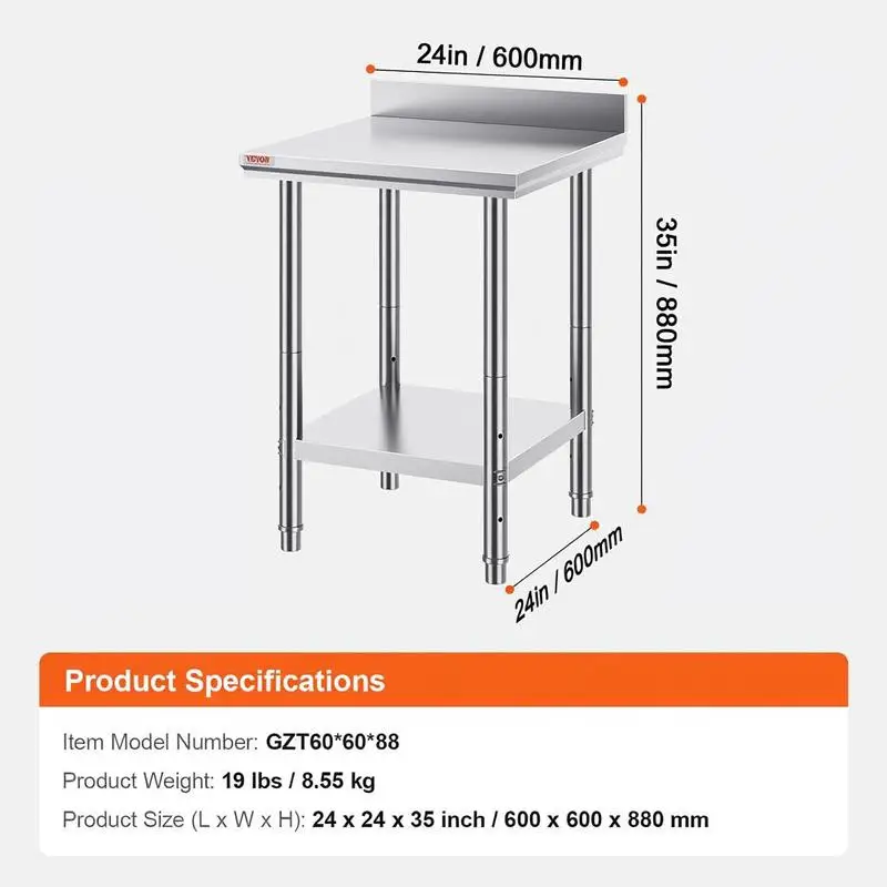 Table de travail en acier inoxydable 60 cm x 60 cm pour la préparation des aliments avec rebord surélevé pour la préparation des repas, la couture, le lavage, l'artisanat, l'utilisation en garage, etc.