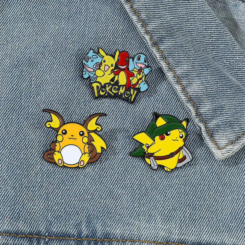 3 Pcs Cartoon Cute Raichu Brooch Personality Pikachu Warrior Enamel Pin Metal Badge Clothing BackPack Jewelry  Accessories Gift