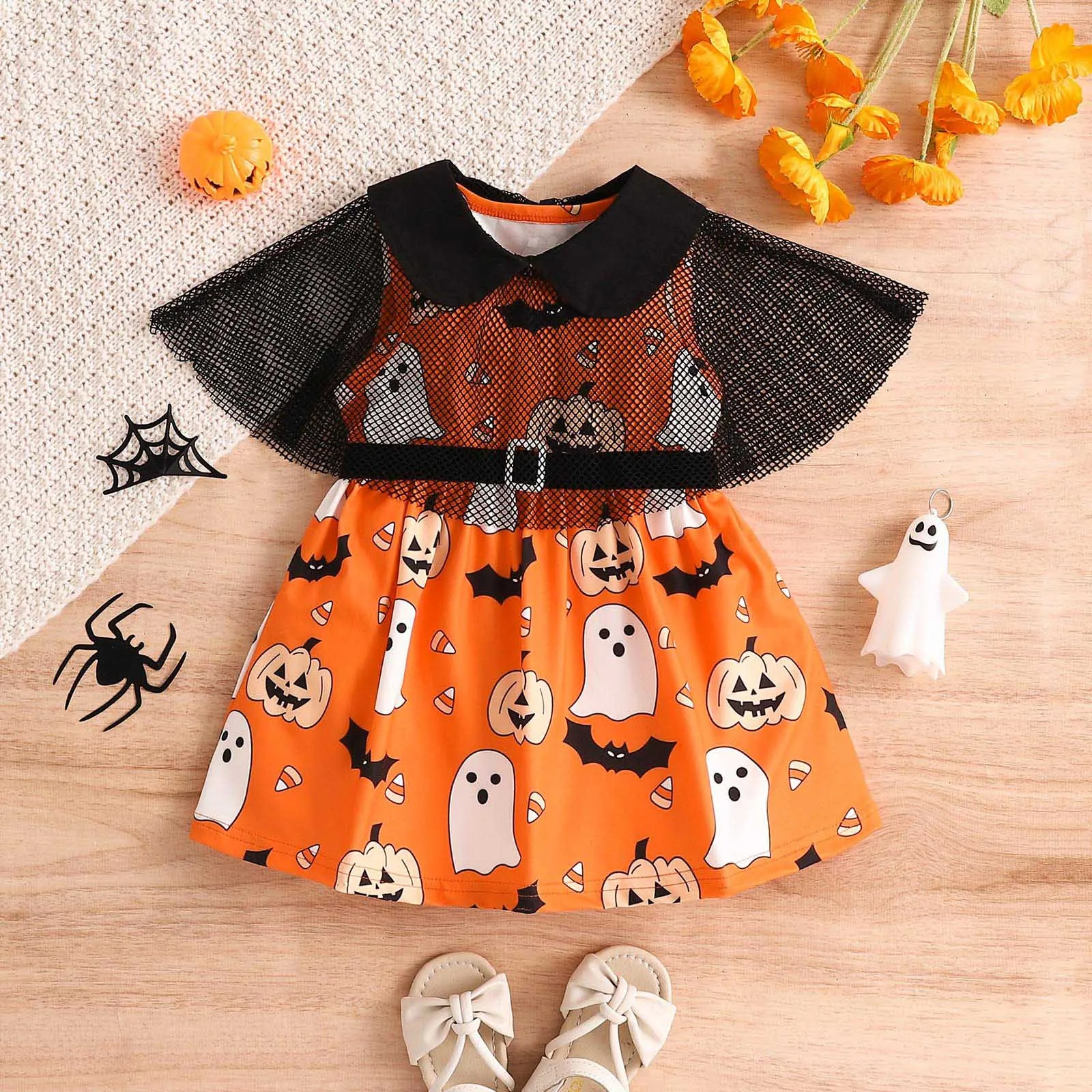 

1-4 Year Girl Clothes Toddler Girls Sleeveless Cartoon Pumpkin&ghost Printing Vest Dress With Mesh Cape 2pcs Children's Clothing