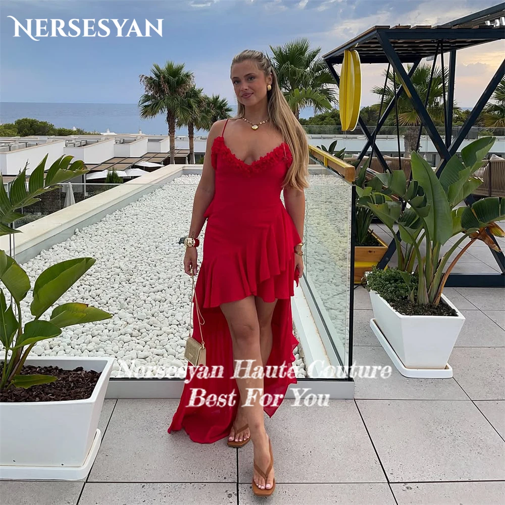 Nersesyan luxe rouge robes de bal bretelles Spaghetti fleurs 3D volants robe de soirée formelle haut/bas robes de soirée 2025 personnalisé