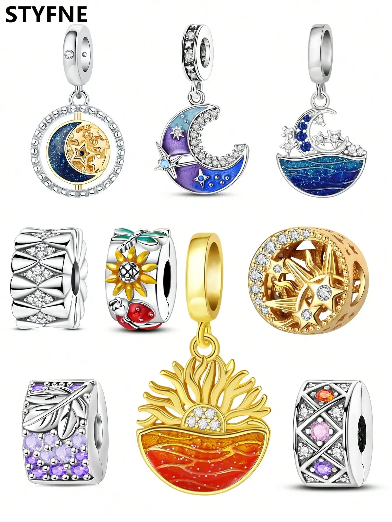 925er Silber vergoldete Original-Charms, Sonne, Mond, Sterne, Clips und Abstandshalter, Perlen für Armbänder, Damenschmuck, Geschenk