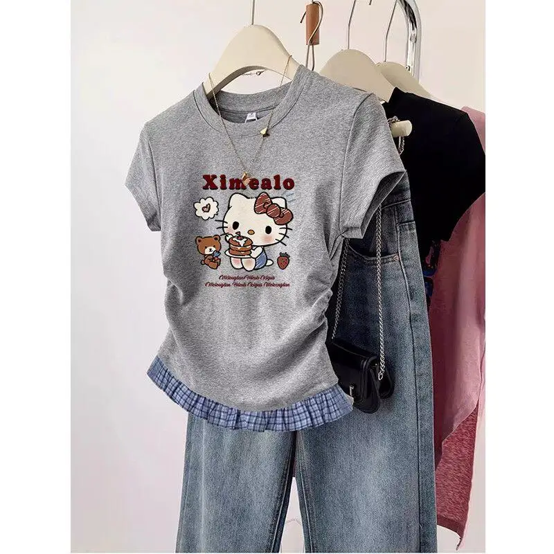 Short-Sleeved T-Shirt Hello Kitty Printed Patchwork Plaid Front Shoulder Women's Sanrio Summer Retro Slim Sweet Spicy Short Tops