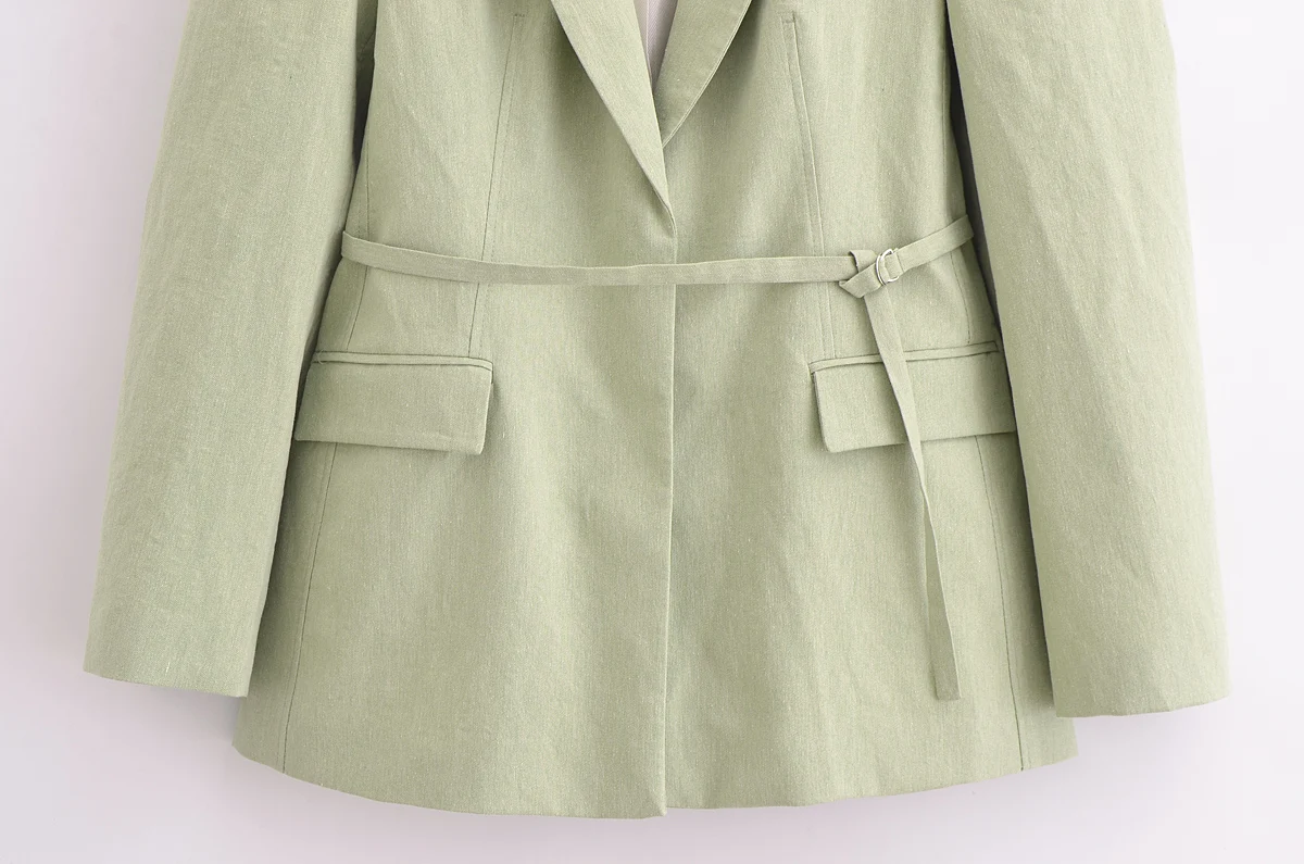 Tangada 2024 Women Green Cotton Linen Blazer Jacket With Slash Long Sleeve Ladies Suit 6P064