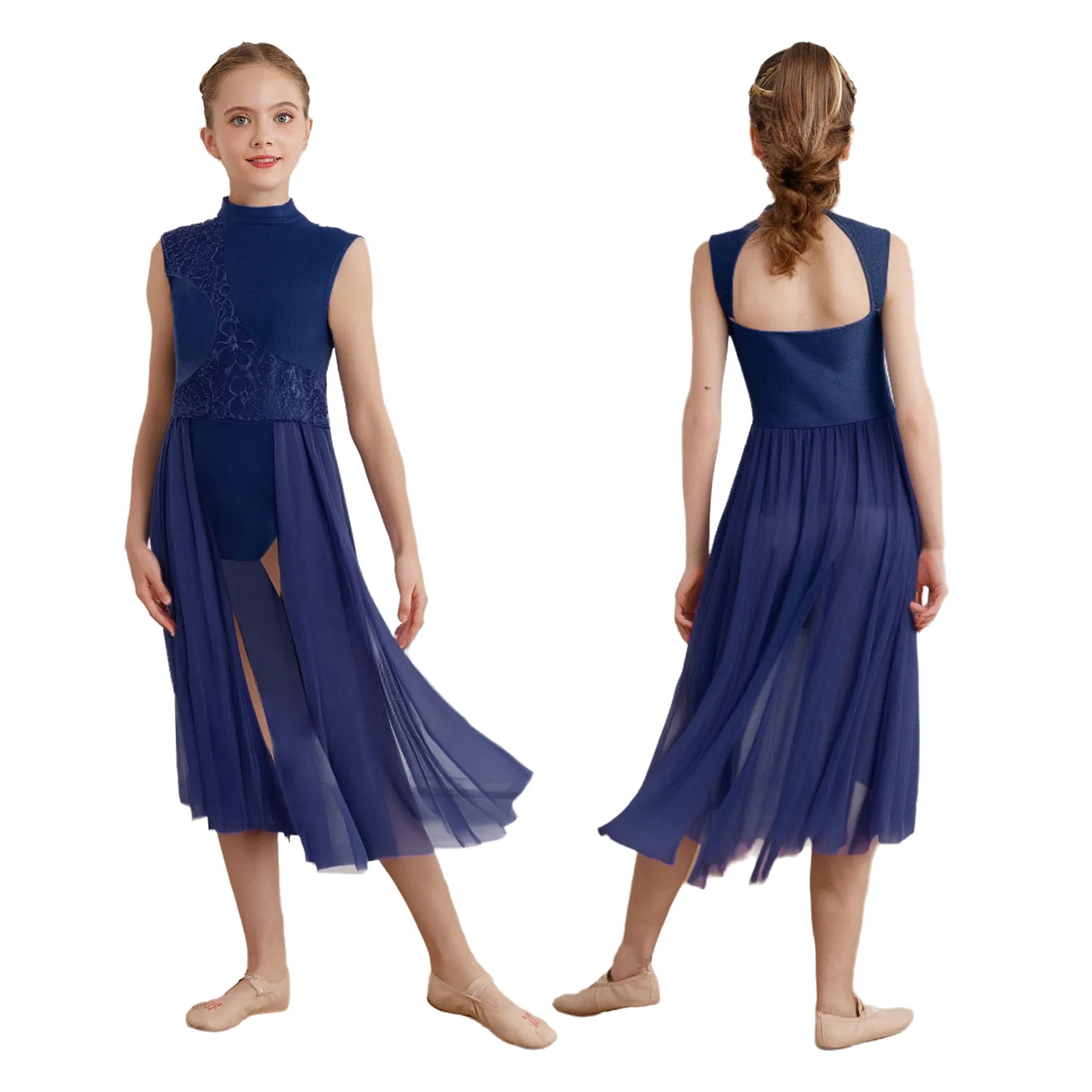 Meisjes Bloemen Kant Patchwork Hedendaagse Lyrische Dans Jurk Mouwloos Ballet Gymnastiek Kunstschaatsen Turnpakje Jurk Danskleding