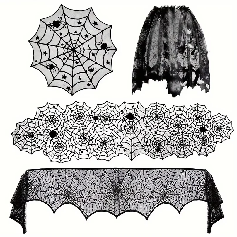 4Piece/Set Halloween Tablecloth Spider Web Fireplace Disposable Bat Spider Table Pulley Circular Tablecloth Lampshade Decoration