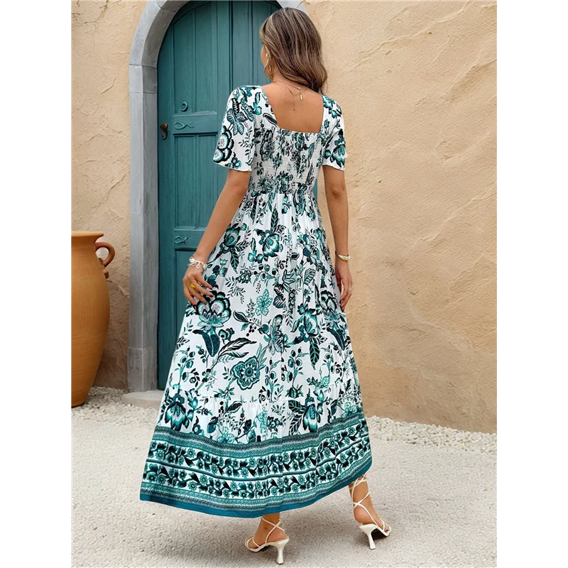 A83F-Mulher 2025 verão manga curta boho estampa floral em camadas casual flowy longo maxi vestido