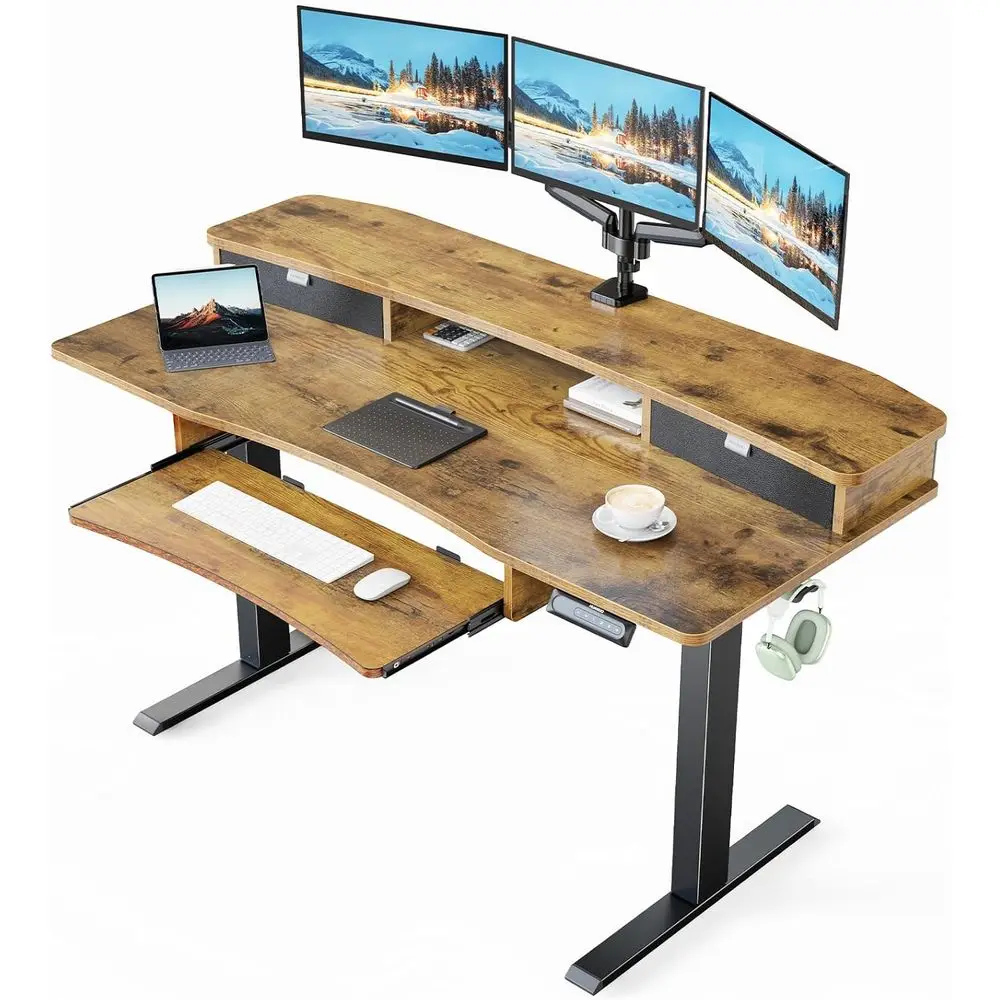 

Vintage 55 by 26 Electric Standing Desk with 2 Drawers and 26.7 Large Keyboard Tray, C-Clamp Mount Compatible, Adjustable Comput