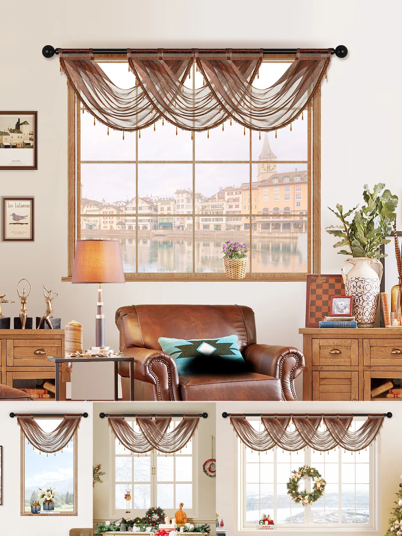 

1 шт. Кофейный тюлевый волнообразный короткий занавес для окна в гостиной, с креплением на штангу, для домашнего декора