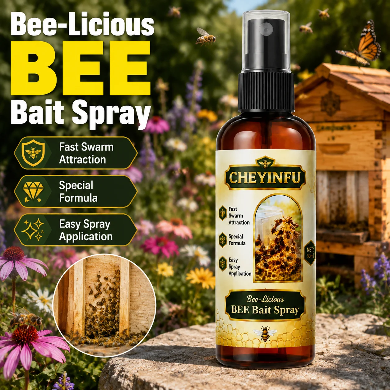 CHEYINFU Bee Bait Spray Fast-Acting Honeybee Swarm Attractor Liquid Lure 30ml