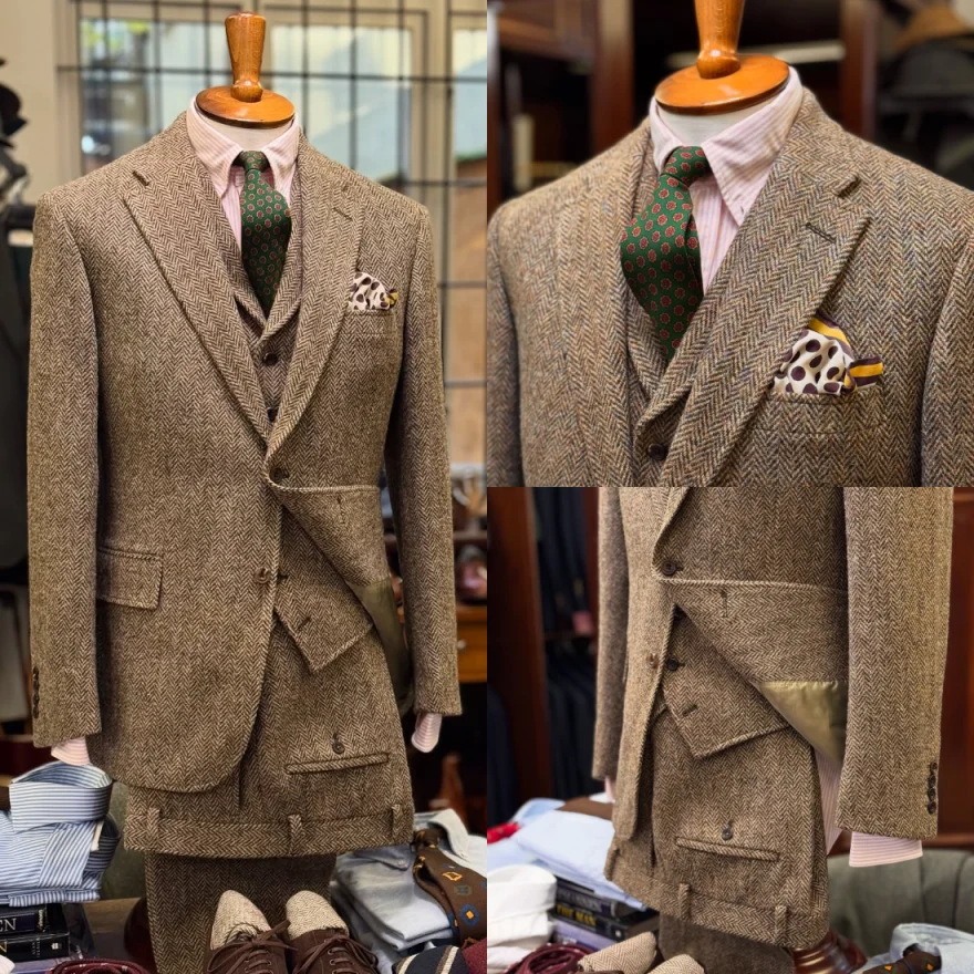 Classic Notch Lapel Men Suit 3‑Piece Set Herringbone Tweed Jacket Vest Pants For Business Conference Social Gala Customized