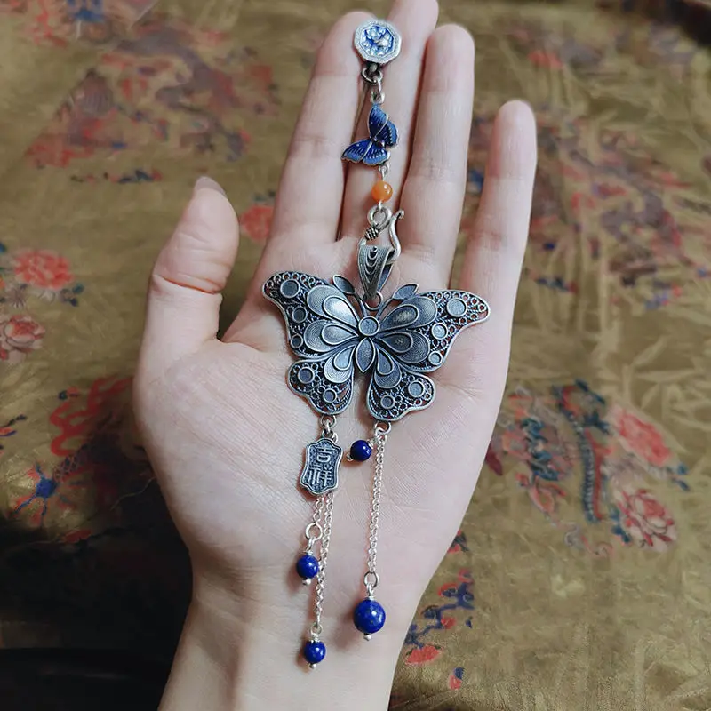 925 Thai Silver Butterfly Button Pendant Exquisitely Carved Original Design Ethnic Style Pressed Lapel Blue Tassel Hanfu Jewelry