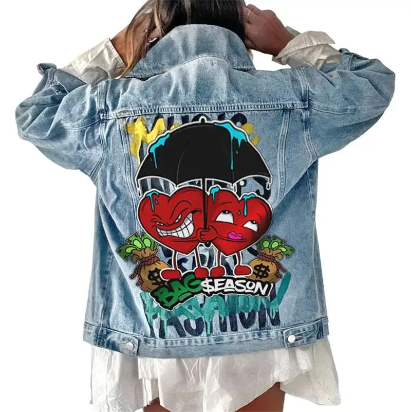 Women's Denim Jacket2023 Autumn New Youth Girl Style Street Fashion Personality Letter Fun Story Love Print Pattern Hip Hop Wash