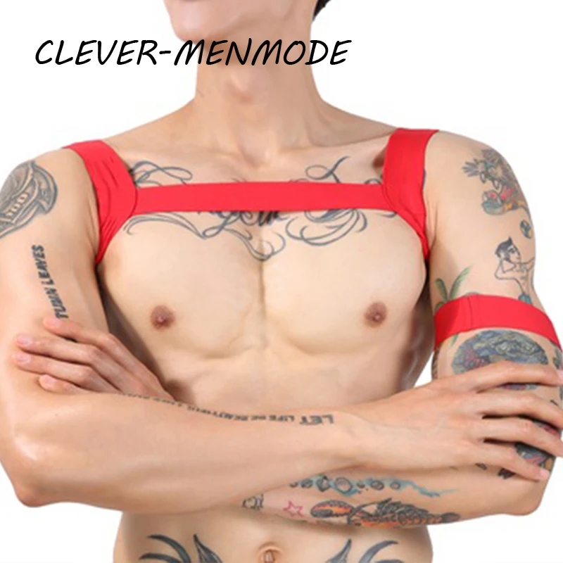 CLEVER-MENMODE Men\'s Sexy Harness BDSM Bondage Body Chest Neck Halter Shoulder Belt with Armband Fetish Costume Night Club Wear