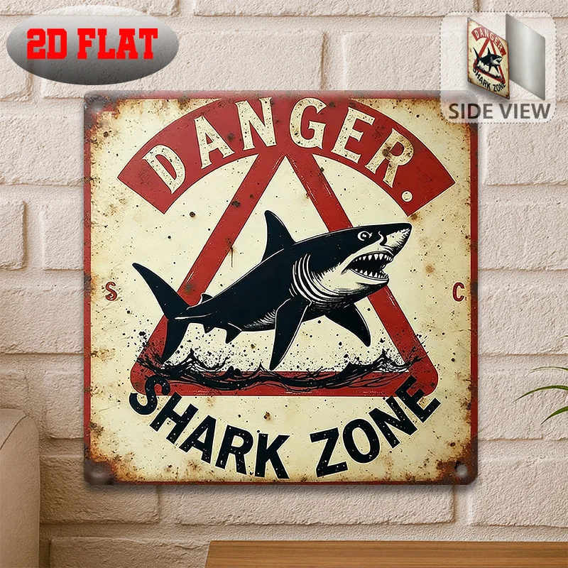 Vintage Metal Tin Sign, Danger Shark Zone Warning Shark Silhouette Rust Square Plaque, 2D Flat Beach Ocean Retro Wall Decor