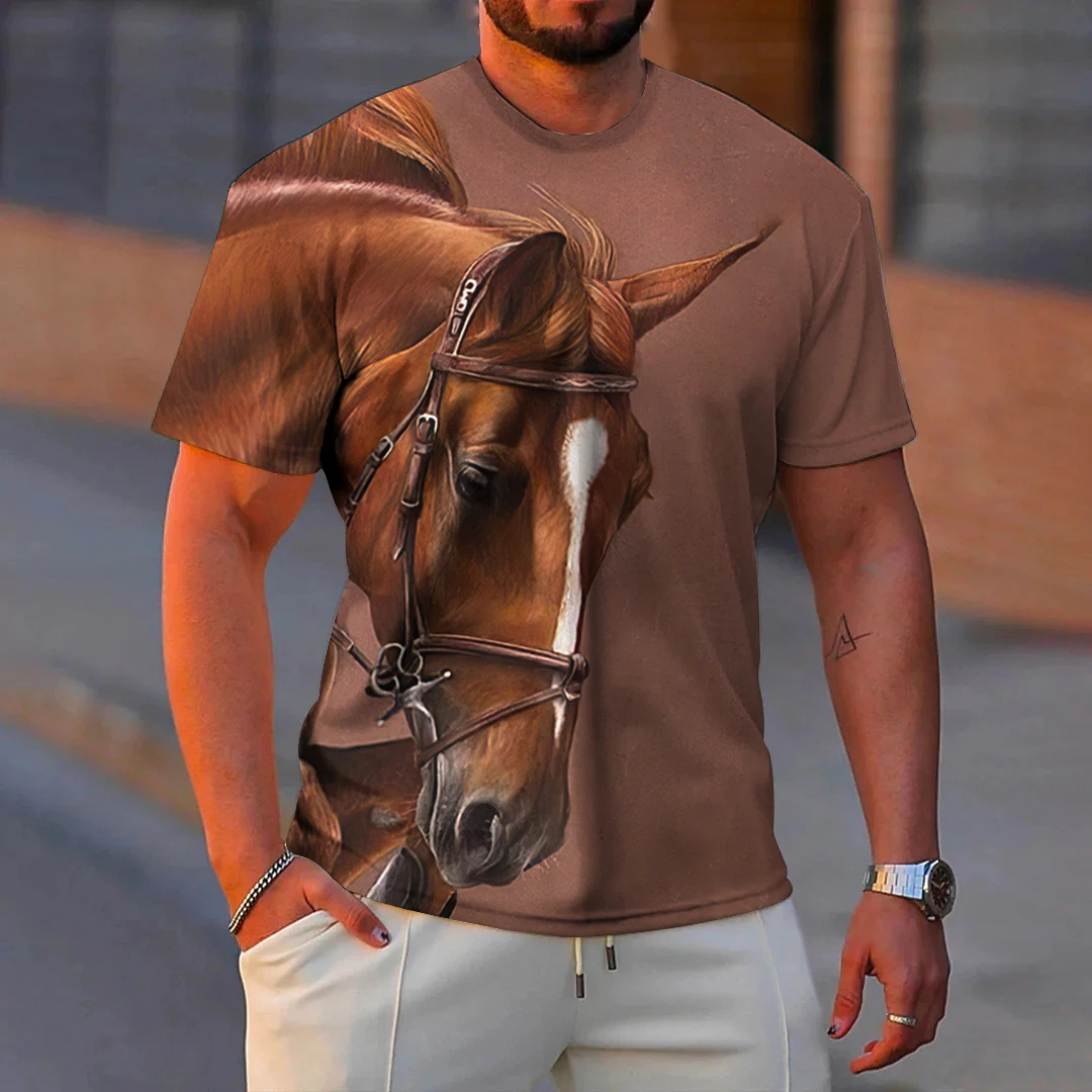 Camiseta de moda para hombre con estampado de caballo 3D, ropa informal de verano de manga corta para hombre, Tops de cuello redondo, camisetas holgadas de gran tamaño para hombre