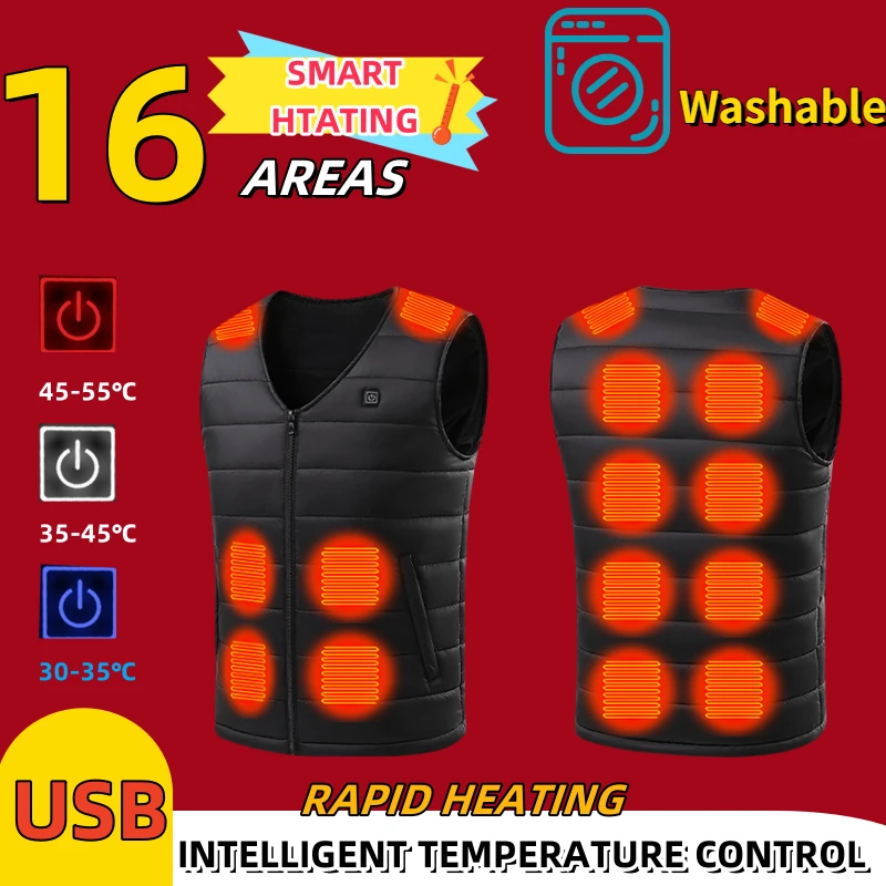 16 Heated Down Cotton Vest for Men Women Winter USB Warm Sleeveless Jacket Smart Heating Clothes Outdoor Lightweight Vest Coat