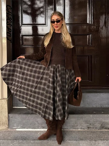 Plaid Printed Circle Skirt Women Elegant High Waist Oversized All-match Autumn Winter Long Skirts Fashion Office Lady Partywear