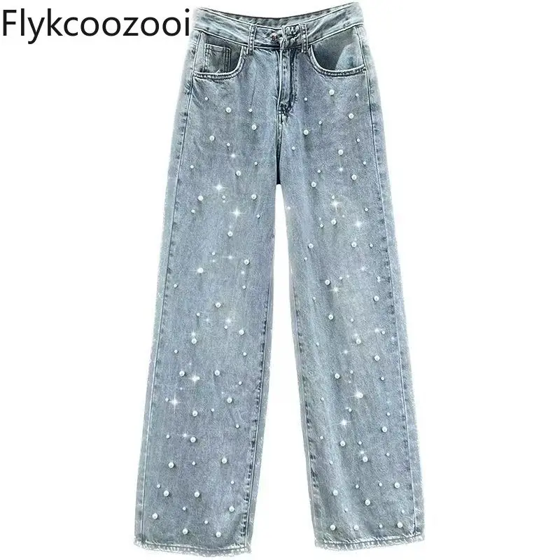 European Station Nailed Bead Denim Wide-leg Pants Women's Tide 2024 New Spring Summer High-waisted Loose Mop Trousers