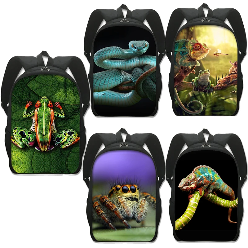 Mochila con estampado de animales de 16 pulgadas para mascotas, Rana, camaleón, serpiente, araña, mochilas escolares para mujeres, mochilas de viaje para niños, estudiantes, bolsa de libros, regalos