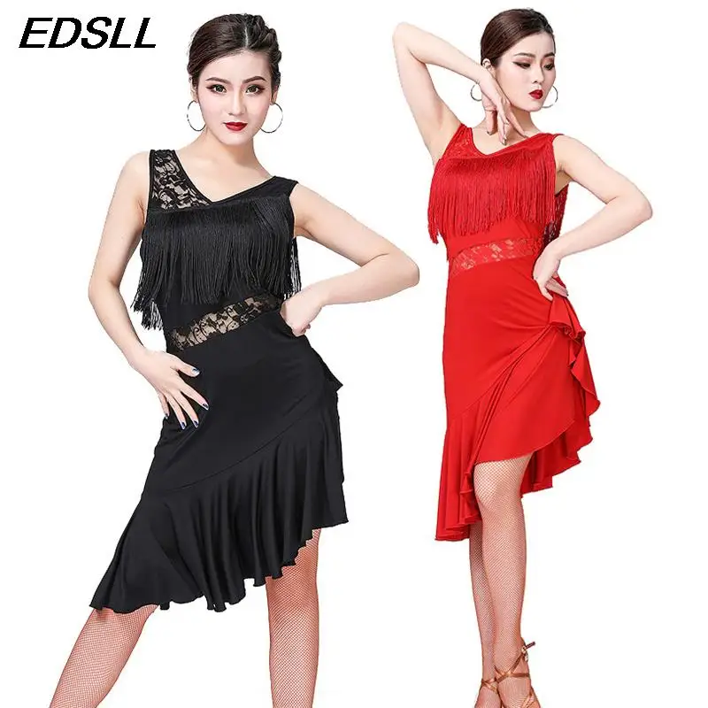 

Women Shiny Elegant Sleeveless Lace Skirt Dance Training Suit Adult Sexy Ballroom Tassel Skirt Stage Performance Clothing