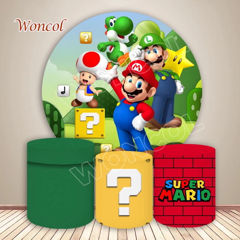 Super Mario Round Backdrop Yoshi Toad Mario Luigi Backdrop Super Mario Bros Cylinder Cover Kid Birthday Party Decor Photo Prop