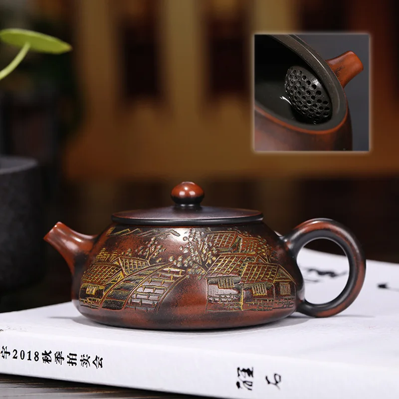 

130ml Boutique Raw Ore Stone Scoop Tea Pot Yixing Purple Clay Teapots Handmade Ball Hole Filtration Kettle Tea Table Accessories