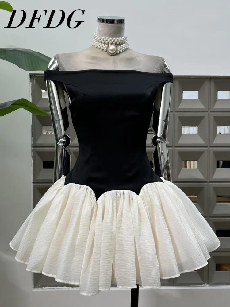 DFDG Abito da donna con spalle scoperte e spalle scoperte, vita smockata, gonna a sbuffo color block, abito da vacanza design primavera estate