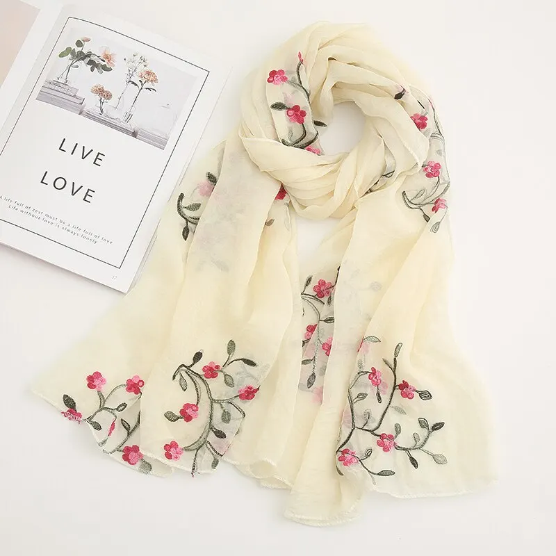 Fashion Floral Embroidery Chiffon Scarf Women Muslim Hijab Headscarf Soft Wraps Headband Summer Sunscreen Shawls180*75cm