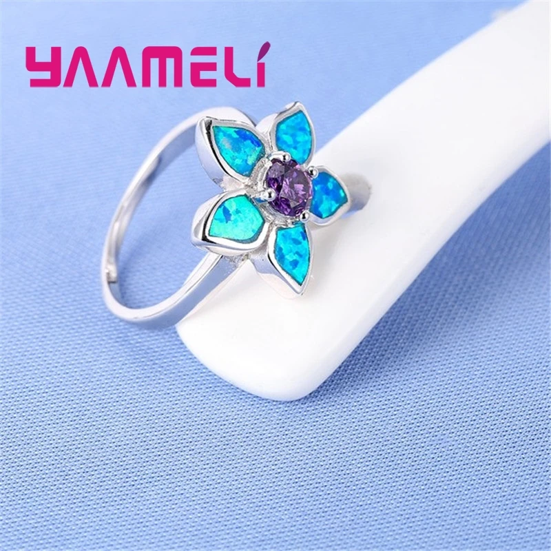 Winter Sale Purple and Blue Fire Opal Flower Ring Fashion Women Lady Best Gift Authentic 925 Silver Jewelry 925 Stamp Anillos