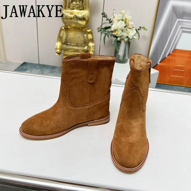 Botki damskie ze szpiczastym noskiem w stylu Vintage buty klinowe zamszowe skórzane damskie designerskie buty zachodnie Chelsea Boots Botas Mujer