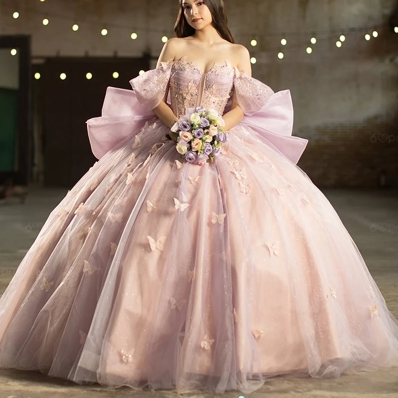 

Pink Shiny Quinceanera Dresses Off The Shoulder Bow Beading Crystal Tull Party Birthday Sweet 16 Dress Vestidos 15 De Anos