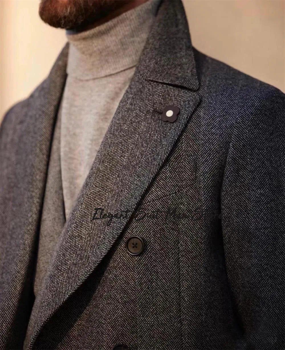 Langer Business-Mantel für Herren aus italienischer Fischgrätenmuster, Herbst-Winter, zweireihig, klassische Anzüge, lange Mäntel