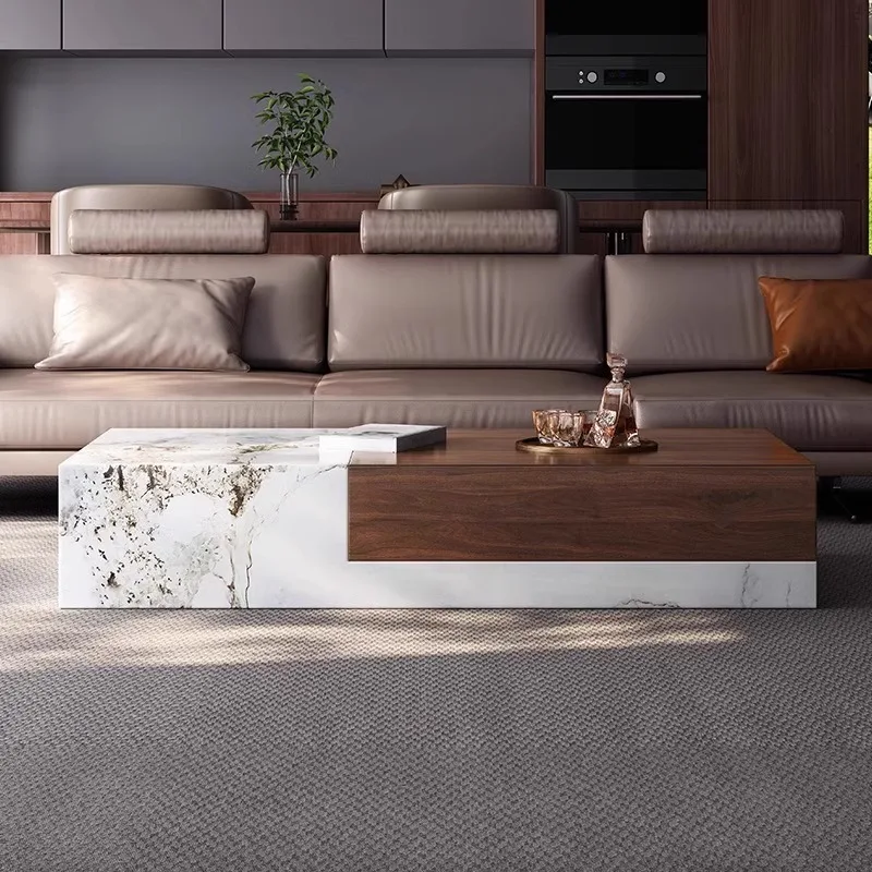 Italian Wood & Quartz Square Coffee Table, Luxury Compact Design for Small Space, Heat & Scratch Resistant, Customizable