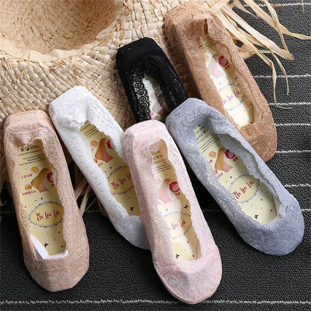 5 Pairs Boat Socks Women Cotton and Lace Invisible Short No-Show Ankle Foot Socks Summer Transparent Low Cut Calcetines