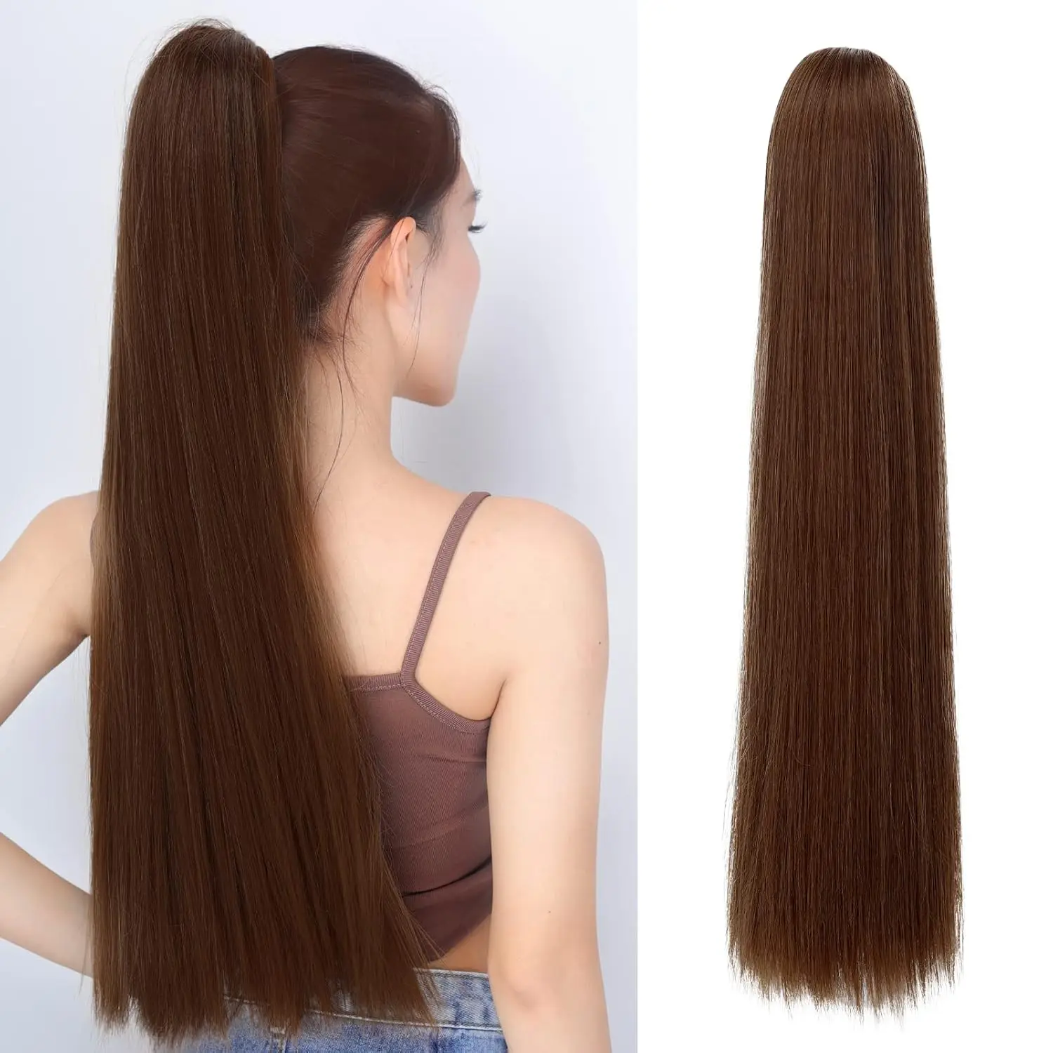 Brazilian Human Hair Extensions Bone Straight Drawstring Ponytail Color #4 Medium Brown 16-26 Inch Clip In Hair Extensions