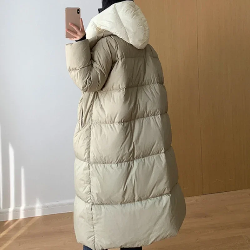 2024 Winters Women Jacket Color Clash Hooded Long Down Jacket Woman Coats Warm Windproof Outwear Fashion Thicken Coats Down