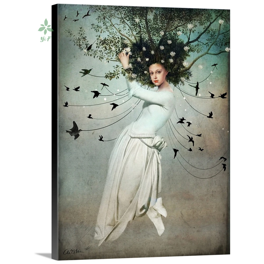 Branch Bird Girl Fantasy Art Come Fly With Me Wall Art Oil Painting Print On Canvas Artwork Indoor Decoration