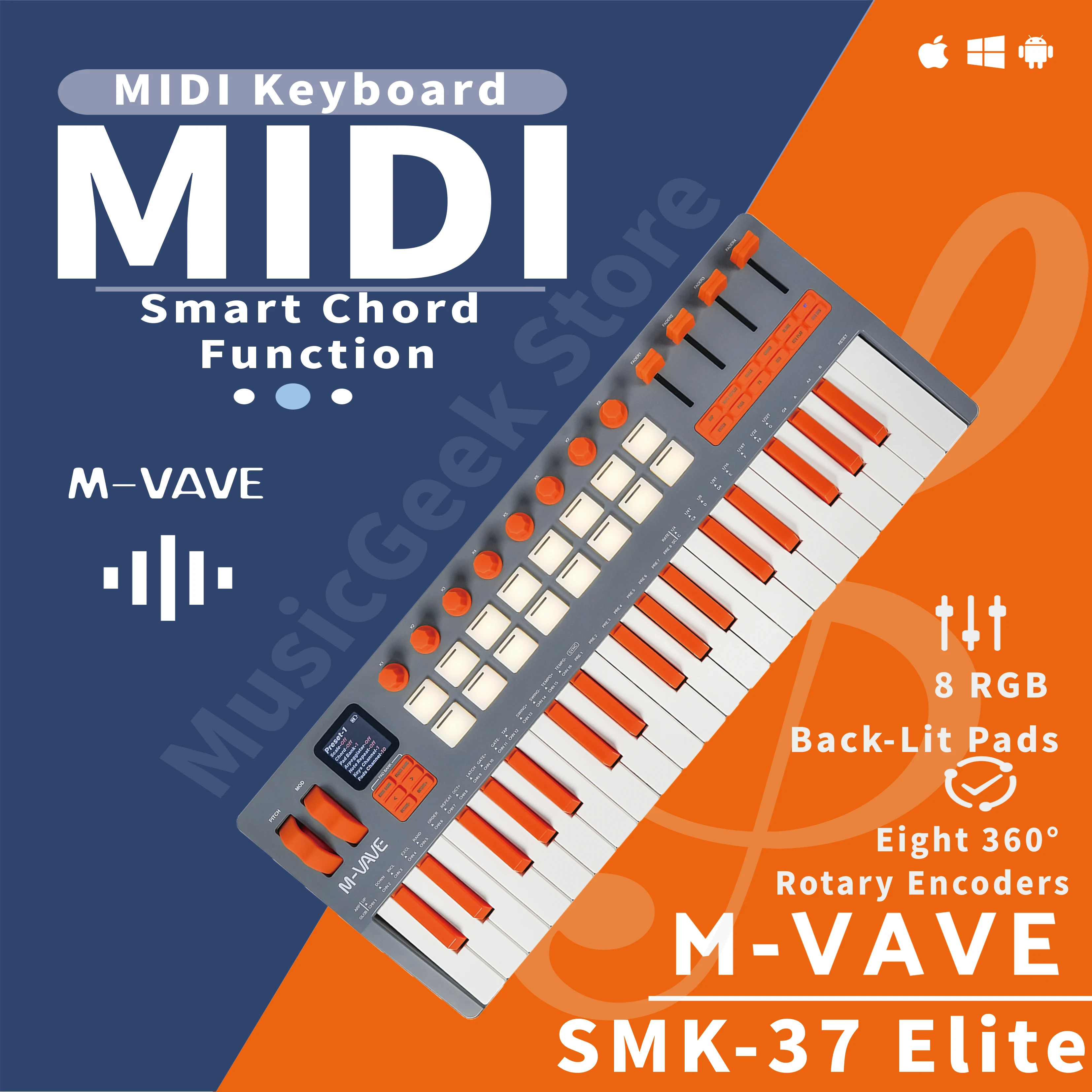 M-VAVE SMK-37 Elite Wireless MIDI Keyboard, 37 Key Built-in Synthesizer, 16 Pad, 8 Encoders, DAW & iOS Compatible, Portable