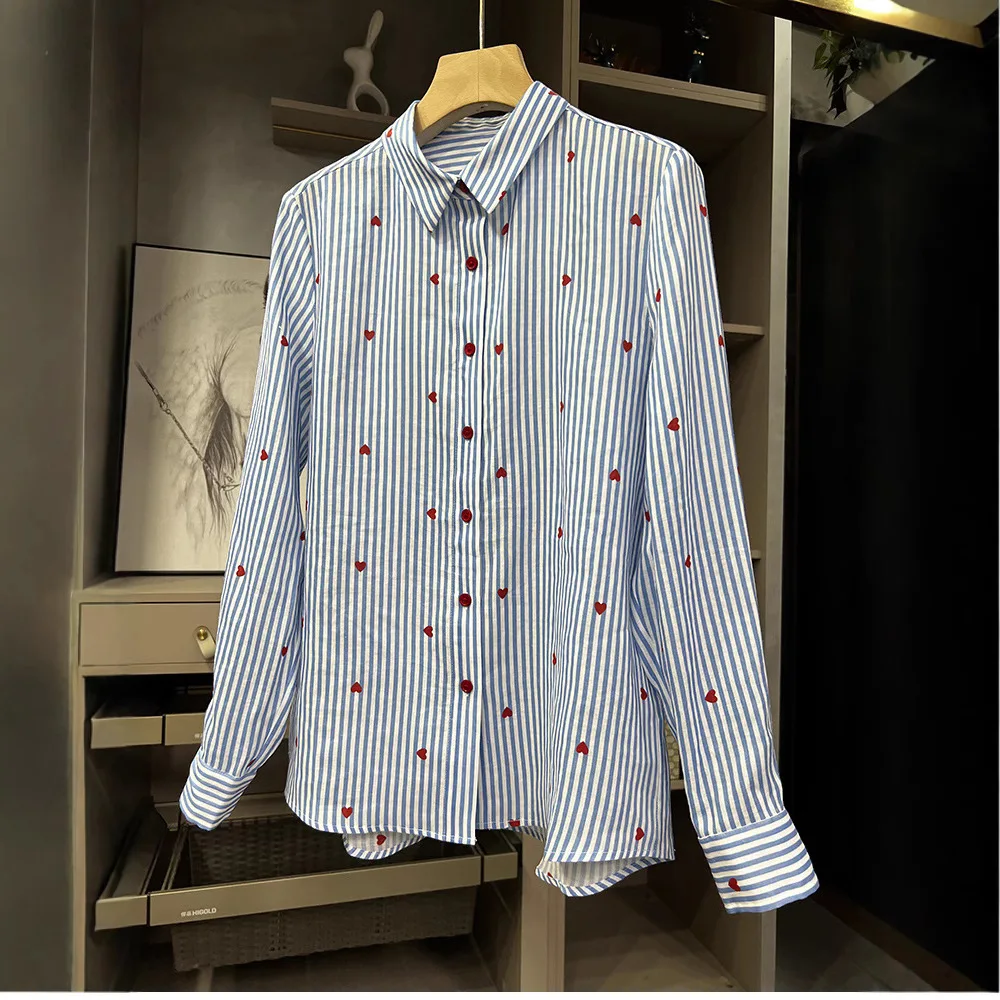 Fresh Elegant Blue Shirt Star Fashion French Romantic Long Sleeve Top Women Camisas De Mujer