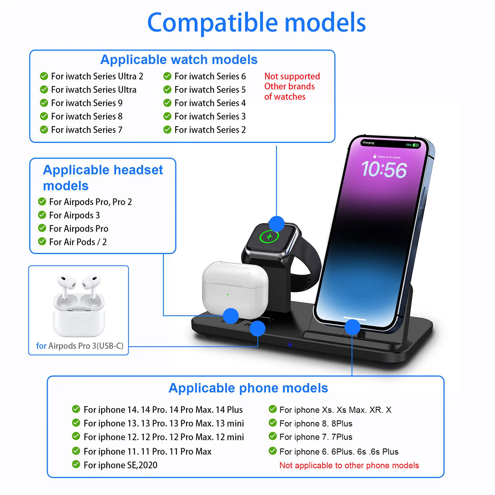 3 in 1 Wireless Fast Charging Station for iPhone 14 13 12 11 Holder Charger Stand Dock for Apple Watch 9 8 7 6 5 4 Airpods Pro 2