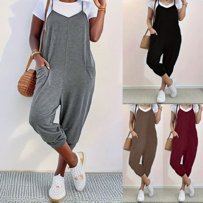 Women Spaghetti Strap Jumpsuit V Neck Loose Harem Pants Overalls With Side Pockets