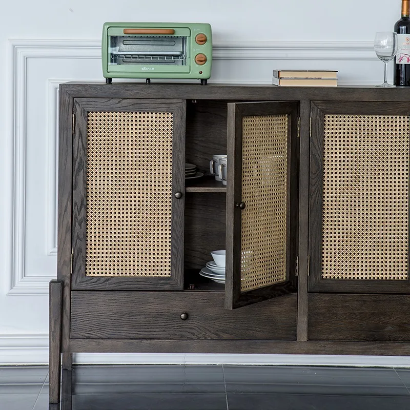 

Medieval old, dining side cabinet wabi-sabi wind, rattan solid wood, storage locker, household living room