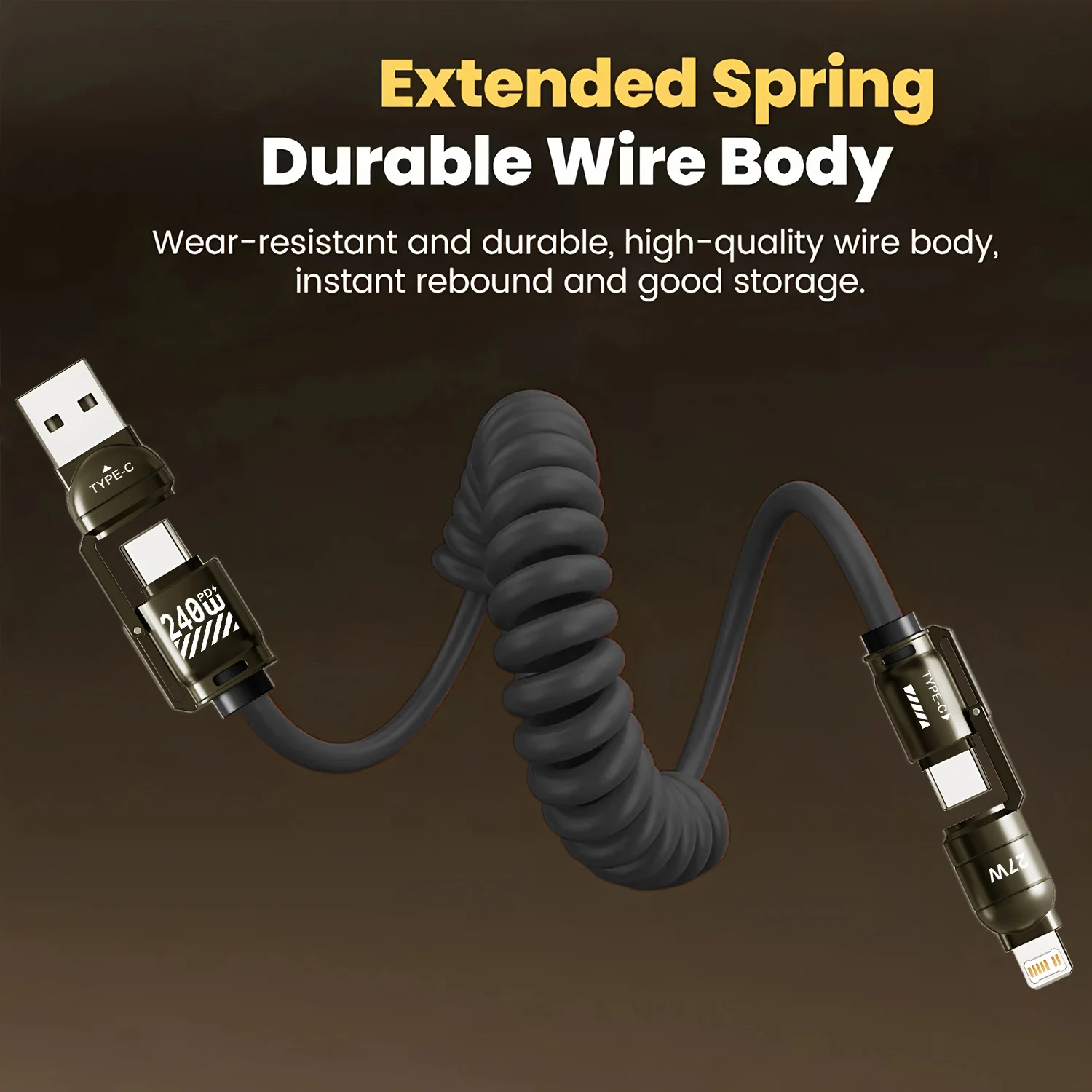 240W Fast Charging 4-in-1 Spring Car Data Cable Compatible with CarPlay for iPhone Samsung Huawei iPad USB C Charger Cord view 5