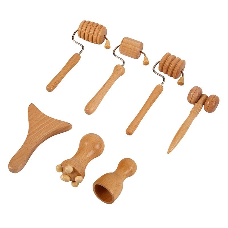 7Pcs/set Face Massagers Gua Sha Tools Wood Therapy Meridian Massage Kit Roller Facial Lifting  Scraper