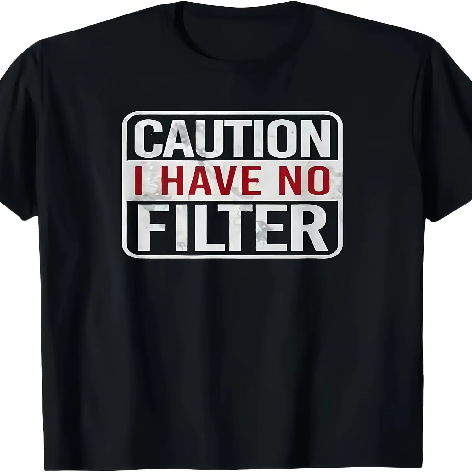 Men's 'Beware I Have No Filter' Funny Sarcastic T-Shirt- Casual Crew Neck, Slightly Stretchy, Regular Fit, Black with Red and White Text, Perfect for Summer Fashion, PLUS SIZE Cotton Tee, Gift For Him