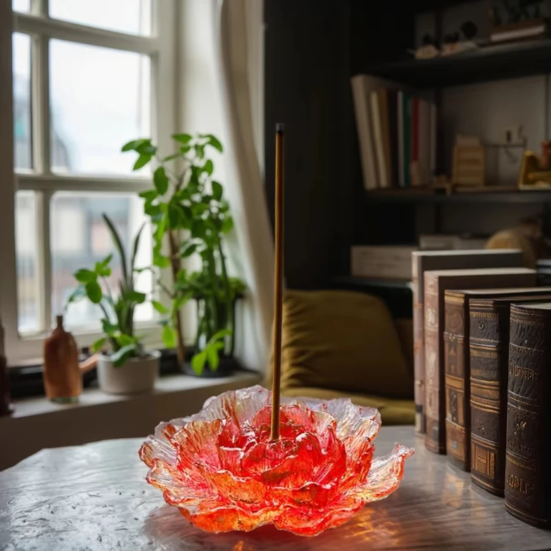 

Gradual change color peony incense burner handmade glazed aromatherapy stick burner, flower desktop decoration home office